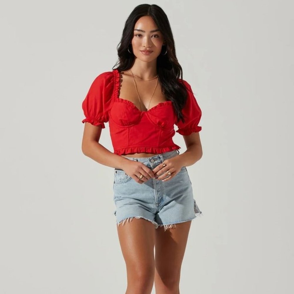 ASTR Feronia Puff Sleeve Sweetheart Crop Top - Red M